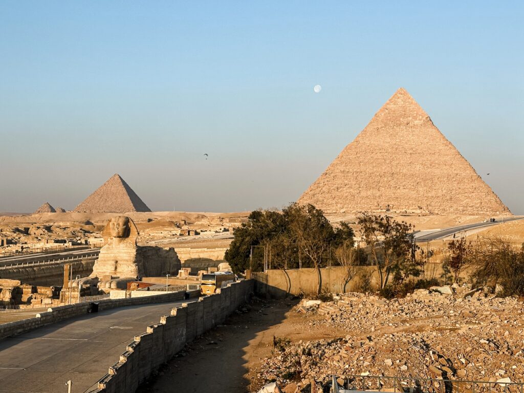 Views from the Hotel's terrace in front of the great pyramid and sphinx at Sunrise