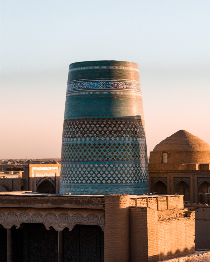 Views of Kalta Minaret from the Watchtower at sunset, Khiva Uzbekistan