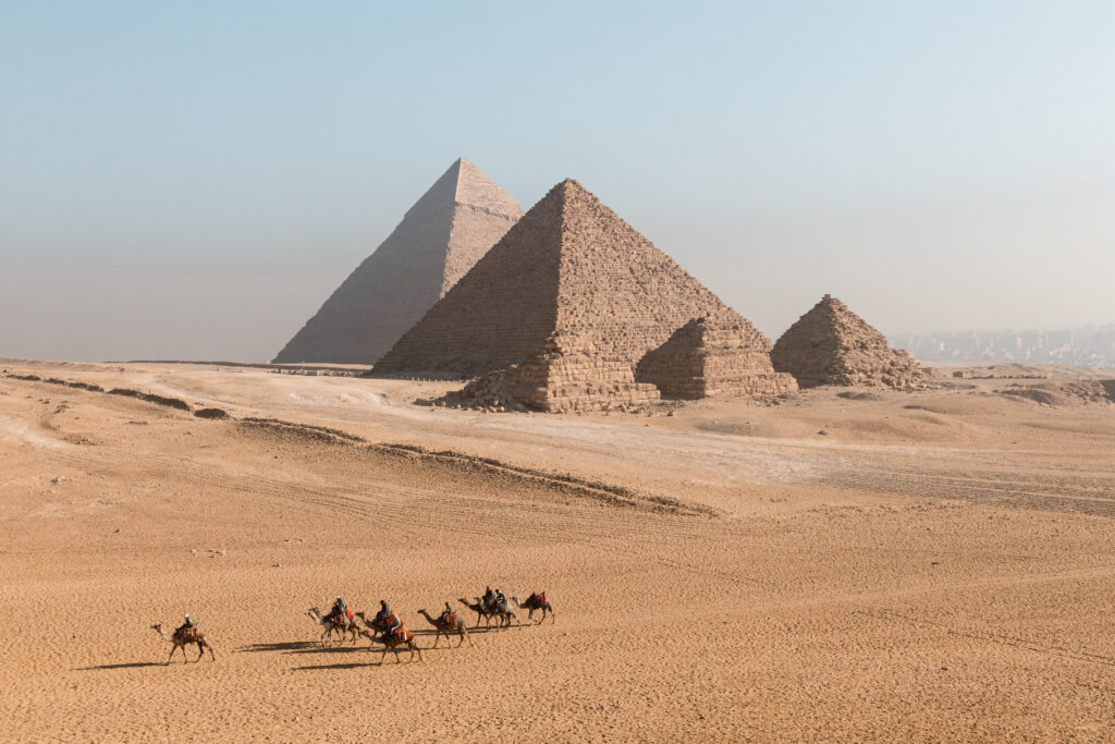 Five Pyramids Panoramic Viewpoint with camels in the foreground
