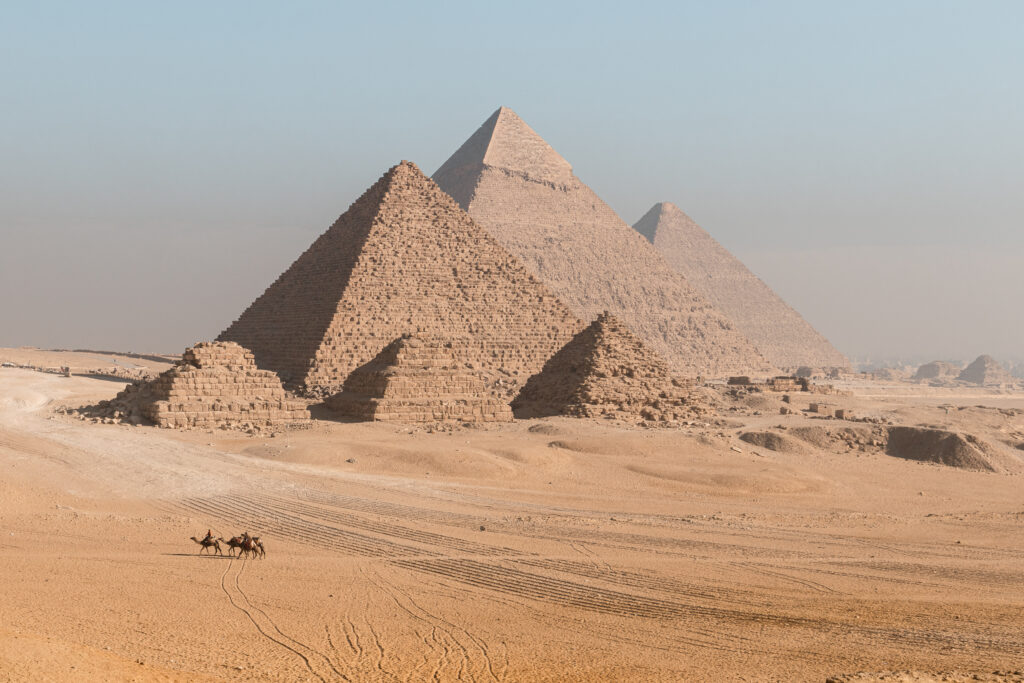 Seven Pyramids Panoramic Viewpoint with camels in the desert