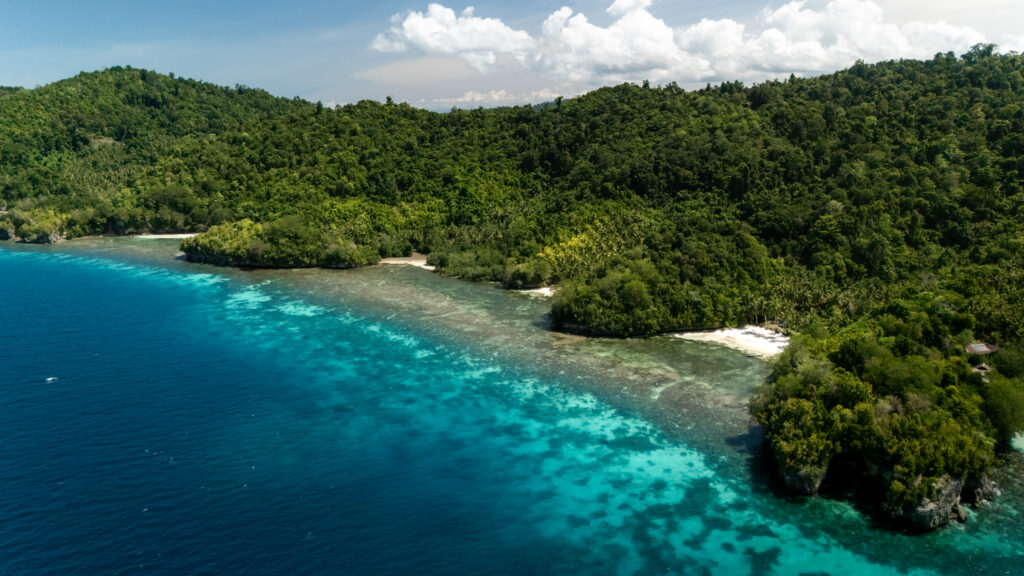Aerial view of coastline in Malenge, Togean Islands, Indonesia