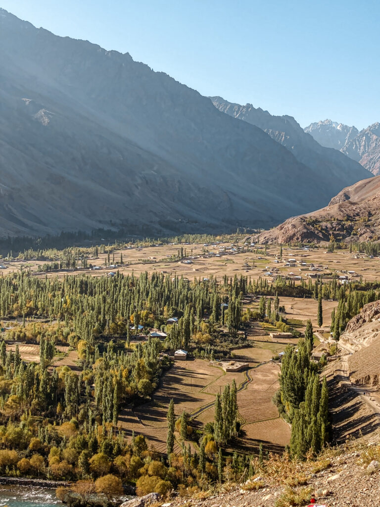 Phander Valley village surrounded by poplar trees and harvested fields, Gilgit-Baltistan, Pakistan