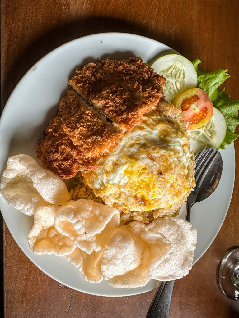 Staple Indonesian dish of Nasi Goreng with Katsu chicken, Sulawesi, Indonesia