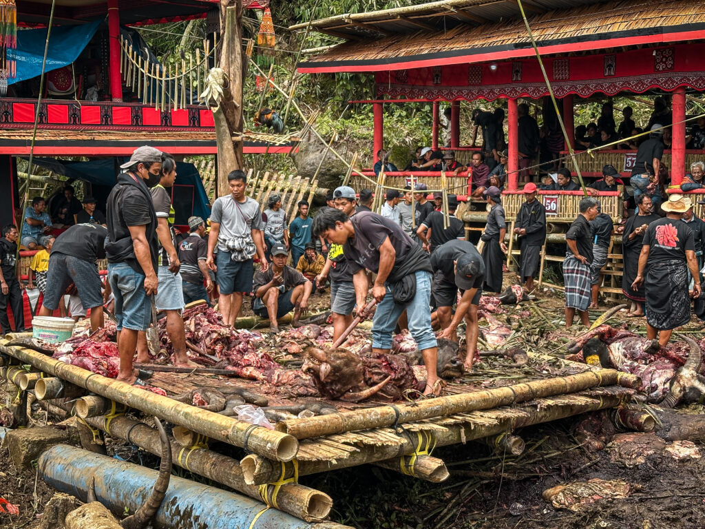 Tana Toraja dividing the buffalo meat in funeral ceremonies, Sulawesi, Indonesia