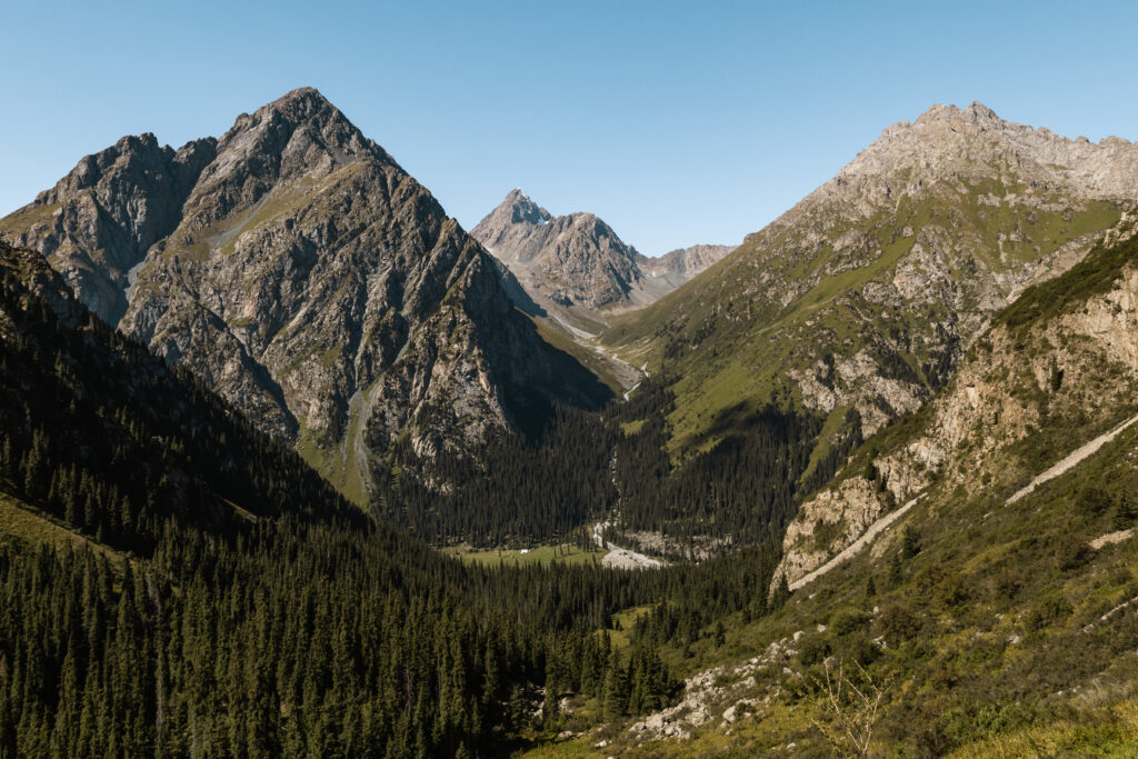 View of Karakol valley from above, Ala-Kul trek, Kyrgyzstan