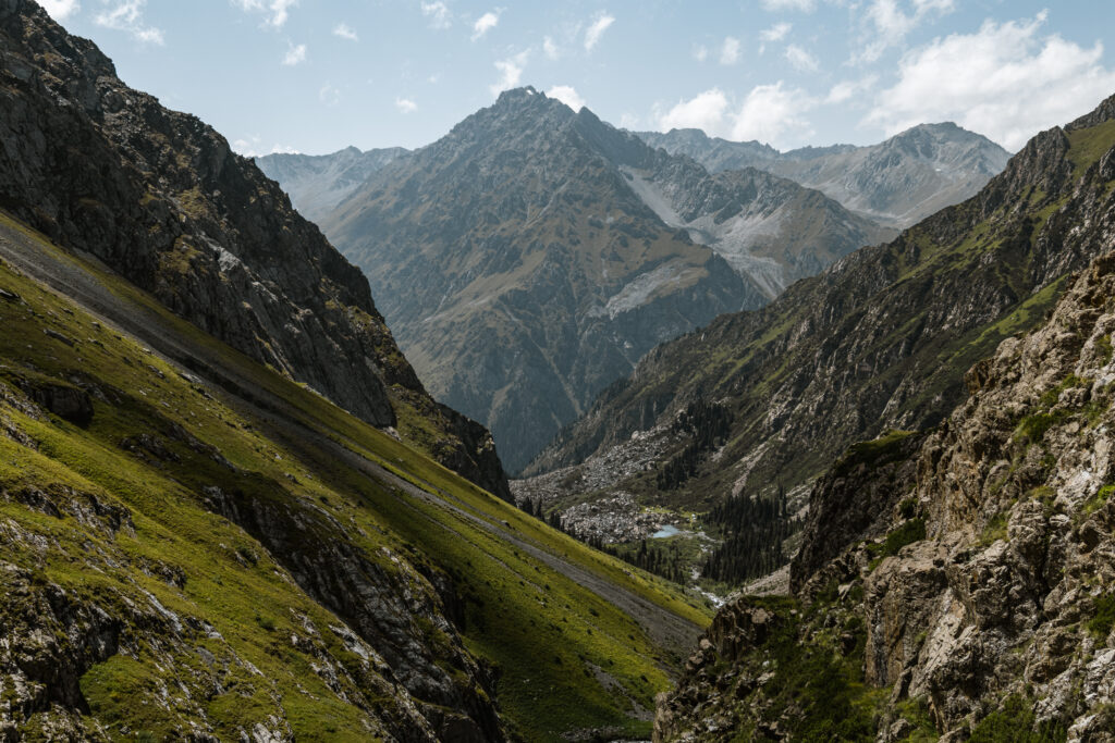 View of Karakol valley from above, Ala-Kul trek, Kyrgyzstan