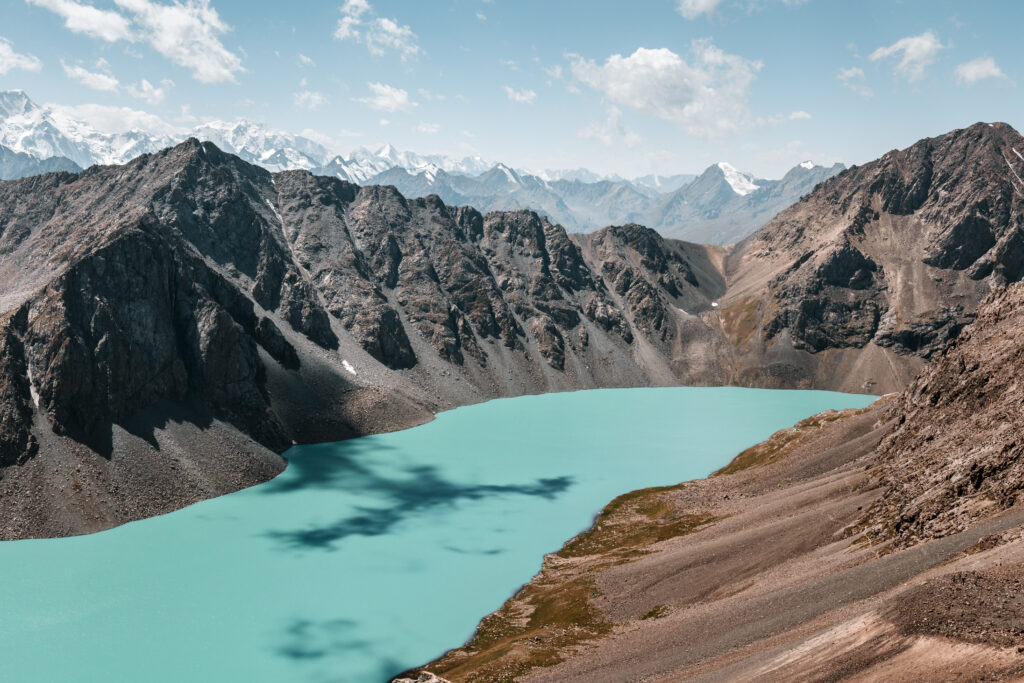 panoramic view of ala-kul lake and mountains, Kyrgyzstan
