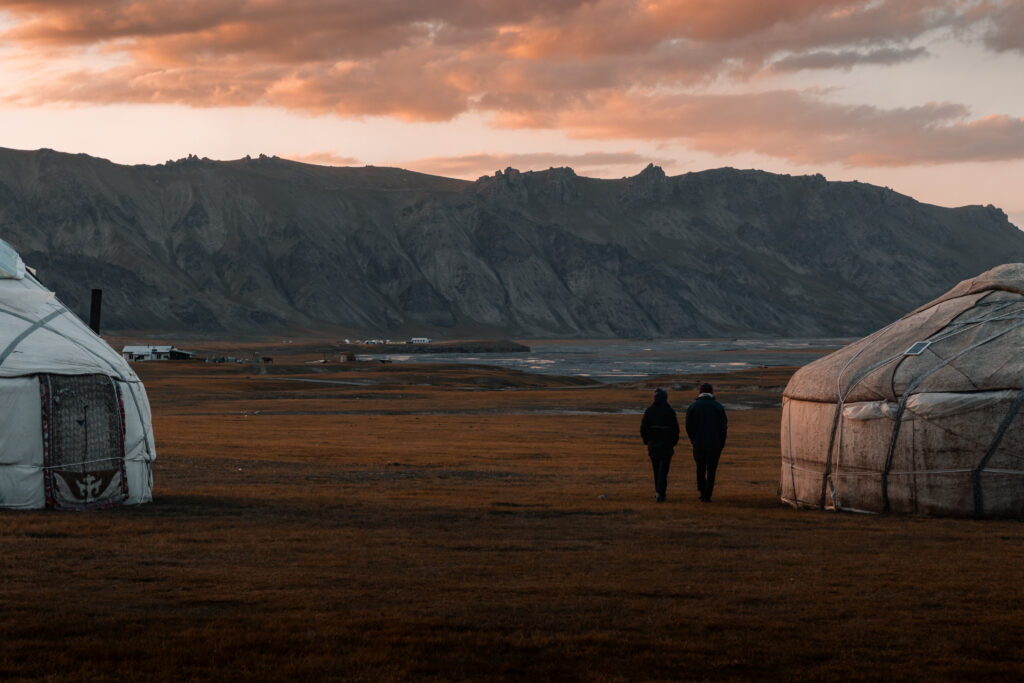 Yurt Camp at Kok-Kiya Valley at sunset, Kyrgyzstan