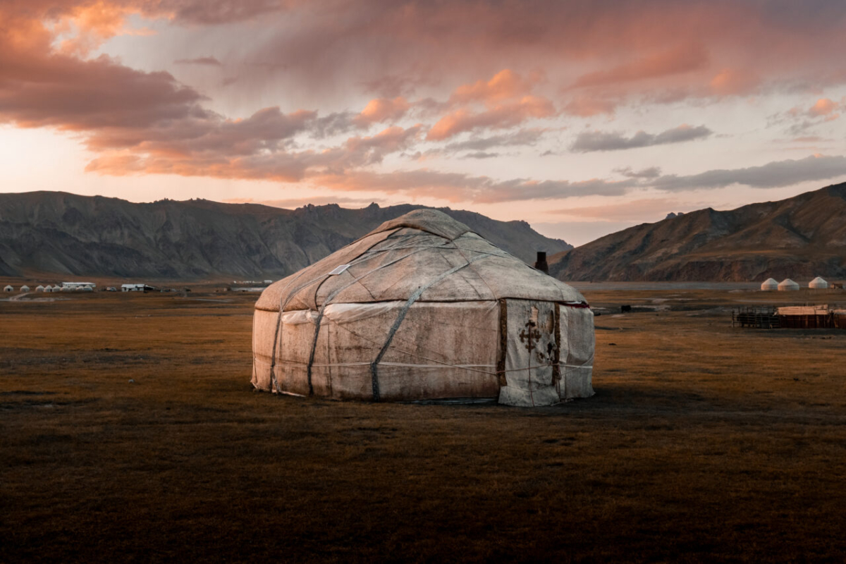 Yurt at Kok-Kiya Valley at sunset, Kyrgyzstan