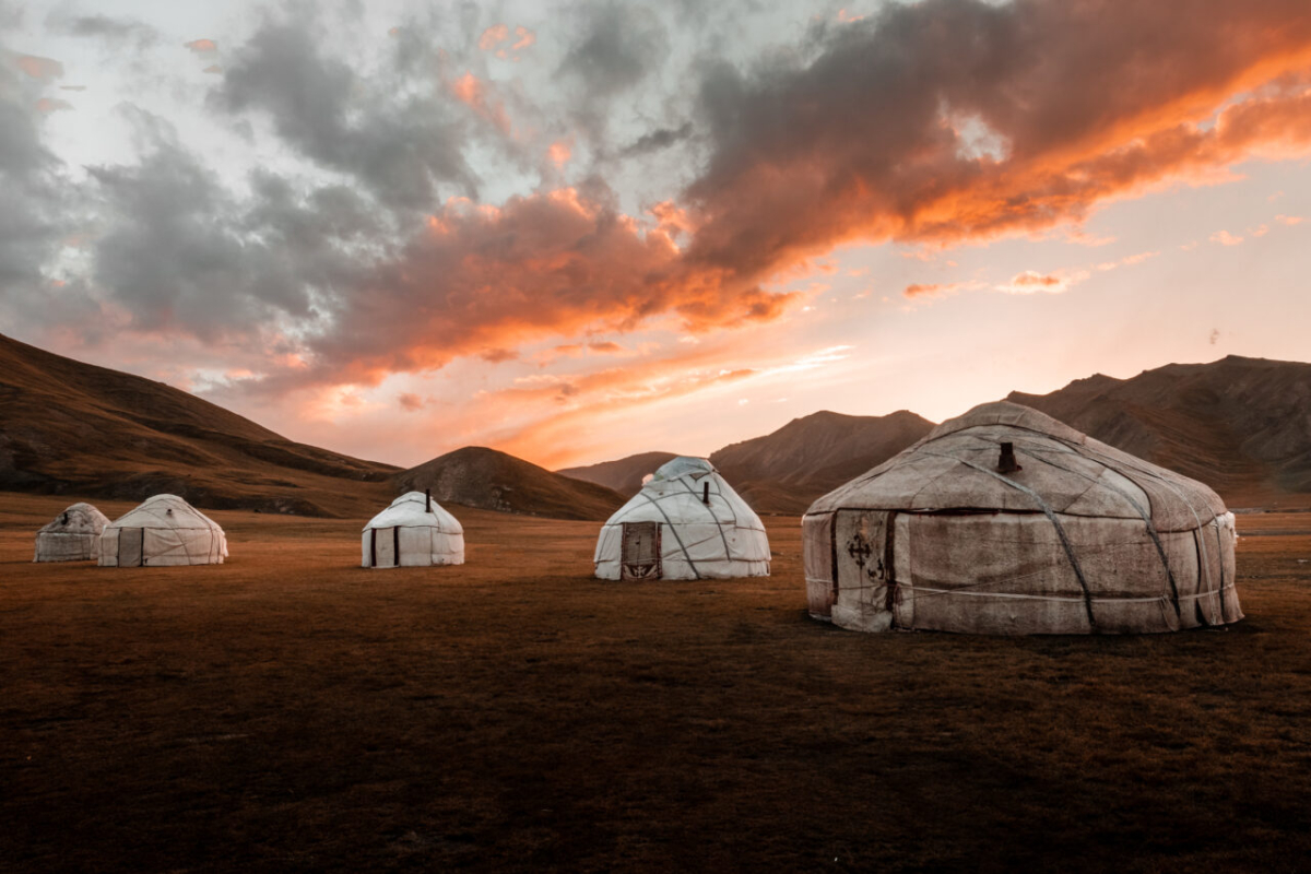 Yurt Camp at Kok-Kiya Valley at sunset, Kyrgyzstan