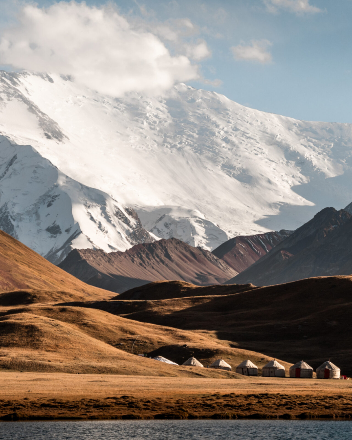 yurt camp at the base of Lenin Peak in Tulpar-Kul, Kyrgyzstan
