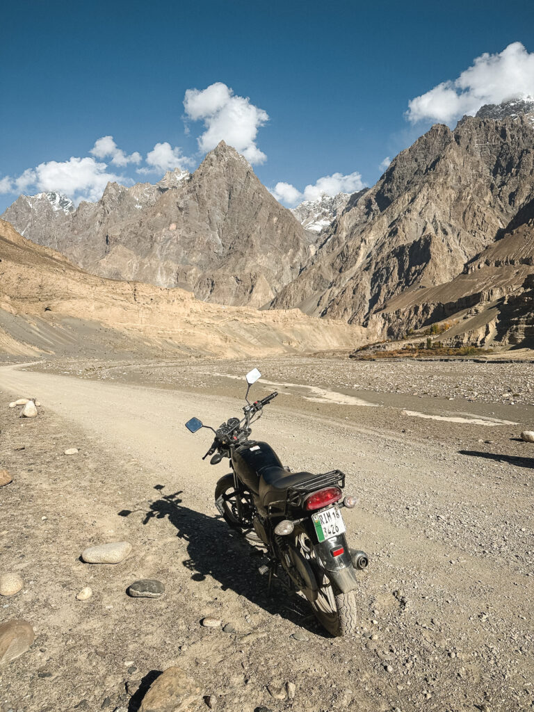 Motorbike on Road to Shimshal Valley, remote valleys Gilgit-Baltistan, Shimshal valley travel guide, Pakistan